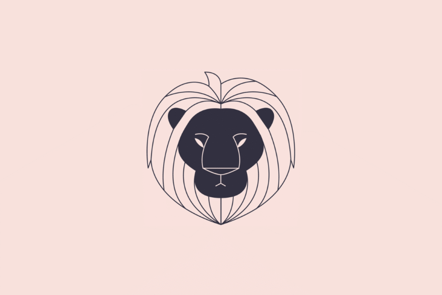 Ilustração estilizada e minimalista da cabeça de um leão, simbolizando o signo de leão, em tom azul-escuro sobre um fundo rosa-claro