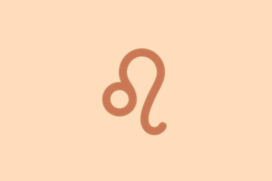 Símbolo minimalista do signo de Leão em tom terracota sobre fundo laranja
