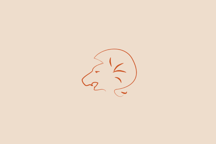 Ilustração minimalista de uma cabeça de leão de perfil, com juba marcada por linhas curvas, em laranja-avermelhado, representando o signo de Leão sobre fundo