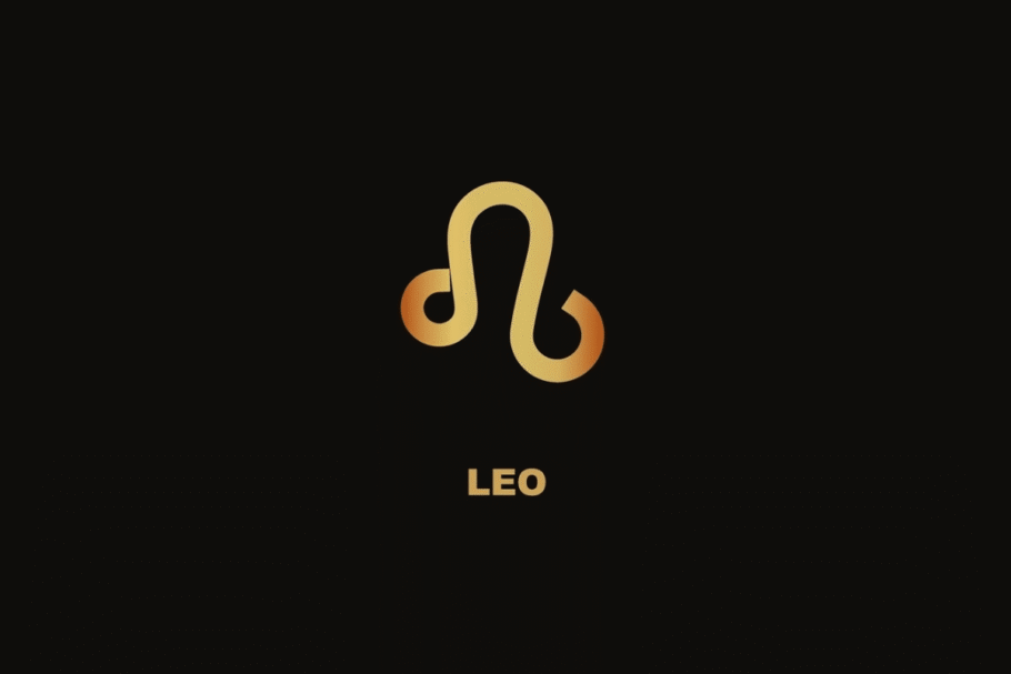 Símbolo dourado do signo de Leão sobre fundo preto, com o nome "LEO" escrito abaixo.