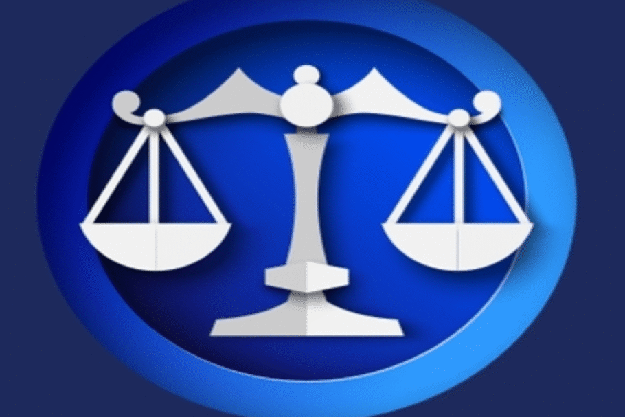 Ilustração do signo de Libra representado por uma balança branca e cinza com dois pratos equilibrados, sobre um fundo circular em tons de azul.