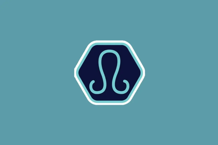 Ilustração minimalista do símbolo do signo de libra em tom azul-claro, centralizada dentro de um hexágono azul-escuro com borda branca e azul. O fundo da imagem é em um tom sólido de azul-turquesa