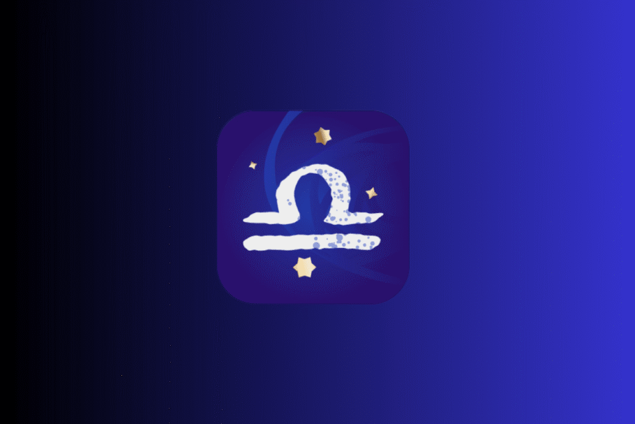Ilustração com fundo azul e roxo exibindo um ícone central do signo de Libra em tom branco, representado por uma linha curva sobre uma linha reta, cercado por pequenas estrelas douradas.