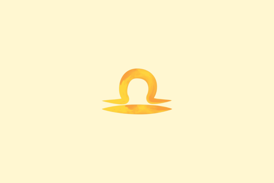 Símbolo de Libra formado por uma curva arqueada sobre uma linha horizontal, em amarelo e laranja. Fundo amarelo-claro.