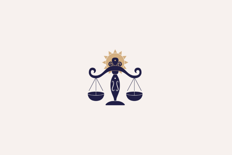 Ilustração do signo de libra em azul-escuro com sol bege no topo e centralizada em fundo bege-claro