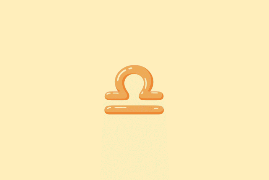 Ilustração do símbolo do signo de Libra, com um arco arredondado apoiado sobre uma linha horizontal, em tom laranja, sobre um fundo amarelo-claro.