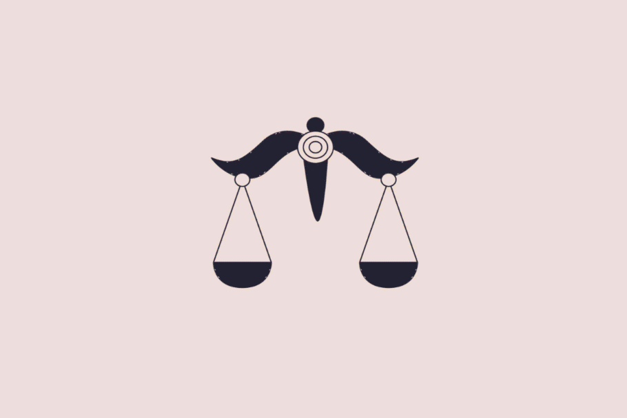 Ilustração estilizada e minimalista de uma balança, simbolizando o signo de libra, em tom azul-escuro sobre um fundo rosa-claro