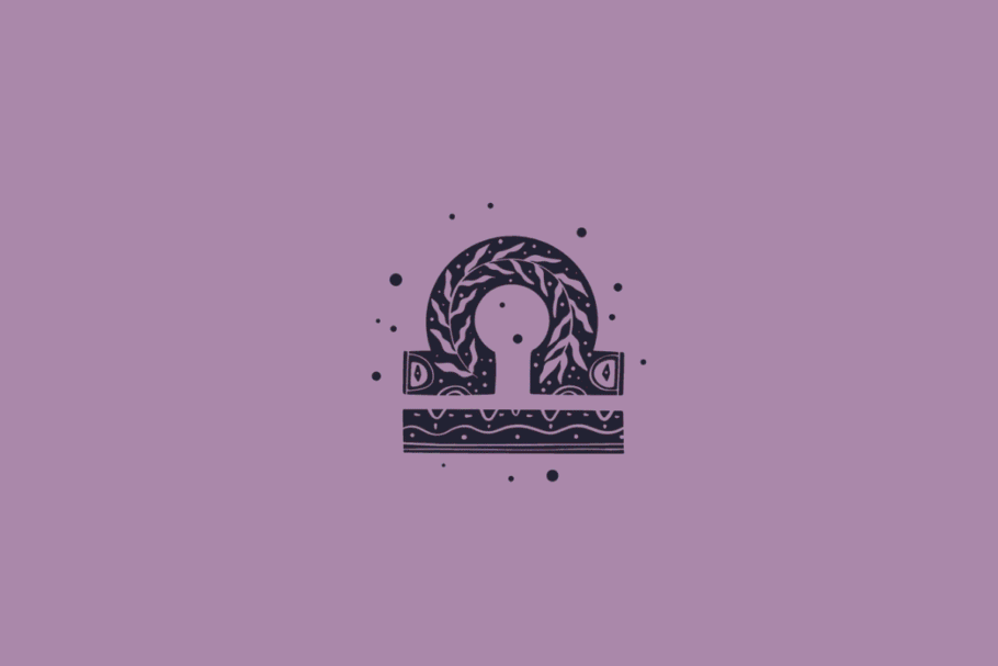 Símbolo do signo de Libra desenhado com detalhes botânicos e pequenos pontos escuros ao redor, centralizado em um círculo sobre fundo lilás.
