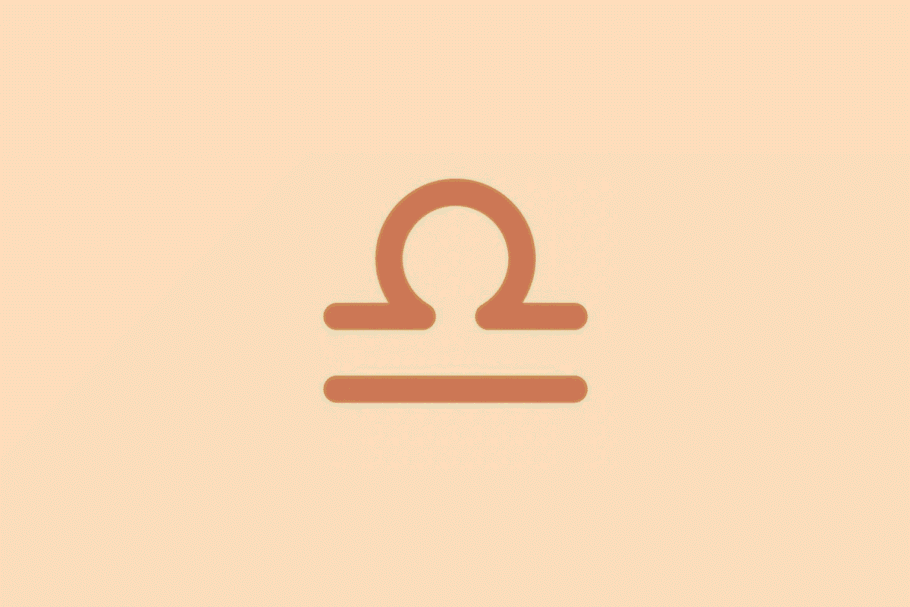 Símbolo minimalista do signo de Libra em tom terracota sobre fundo laranja
