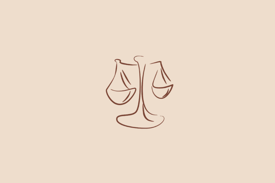 Ilustração minimalista de uma balança de dois pratos, em marrom, representando o signo de Libra sobre fundo bege.
