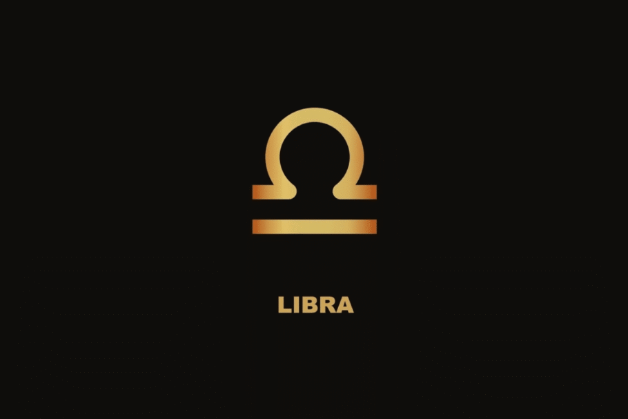 Símbolo dourado do signo de Libra sobre fundo preto, com o nome "LIBRA" escrito abaixo.