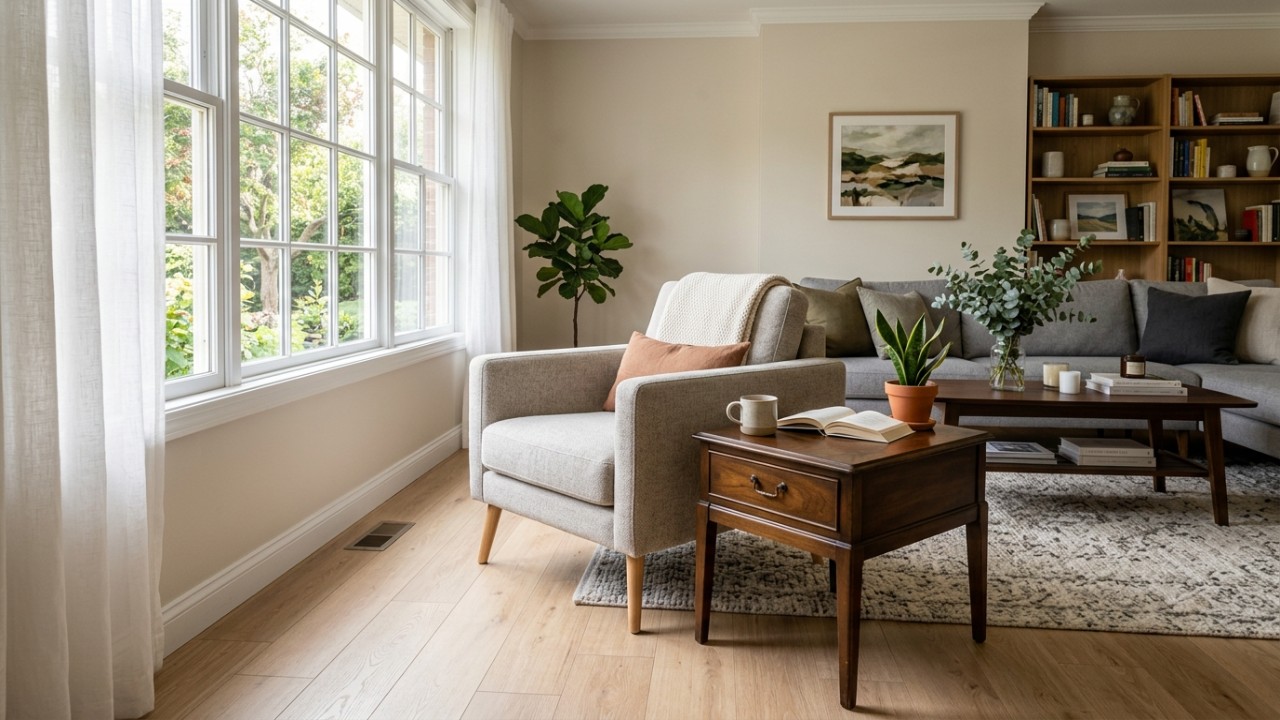 Misturar pe&ccedil;as antigas e modernas com uma base neutra transforma a sala em um ref&uacute;gio acolhedor e cheio de personalidade.