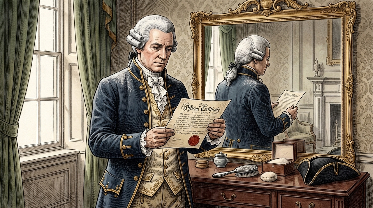 A cobrança criada em 1795 estabelecia um certificado anual de uma guiné, equivalente a 21 xelins.