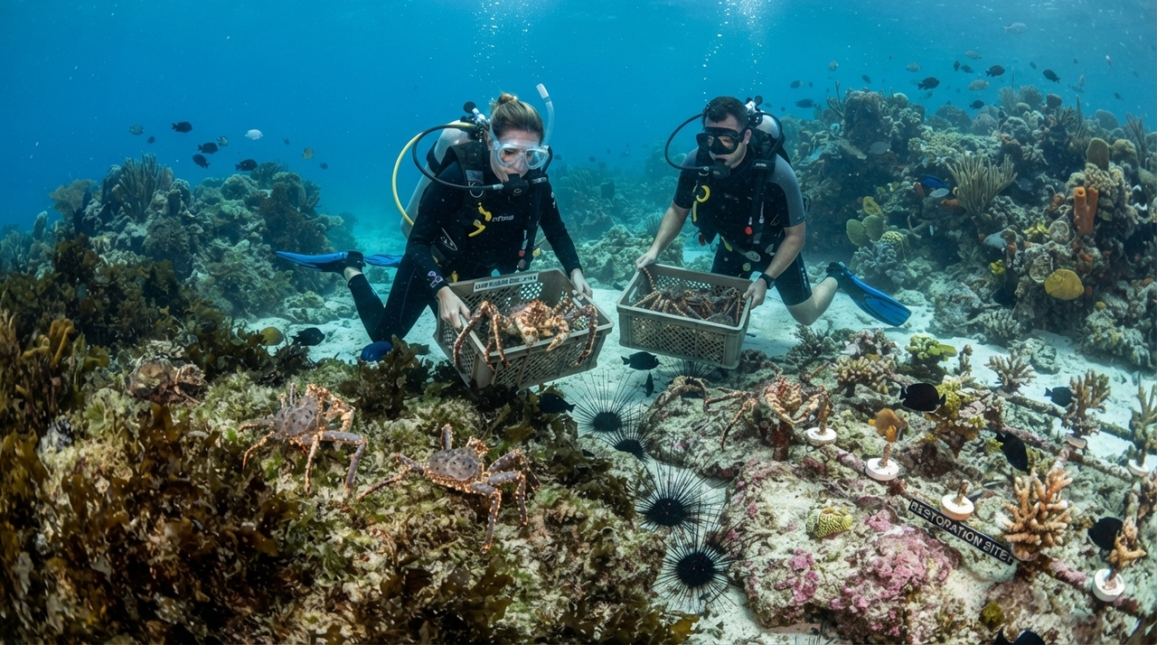 Um recife saudável não depende apenas dos corais. Peixes, ouriços, crustáceos e outros animais participam do equilíbrio do ambiente.