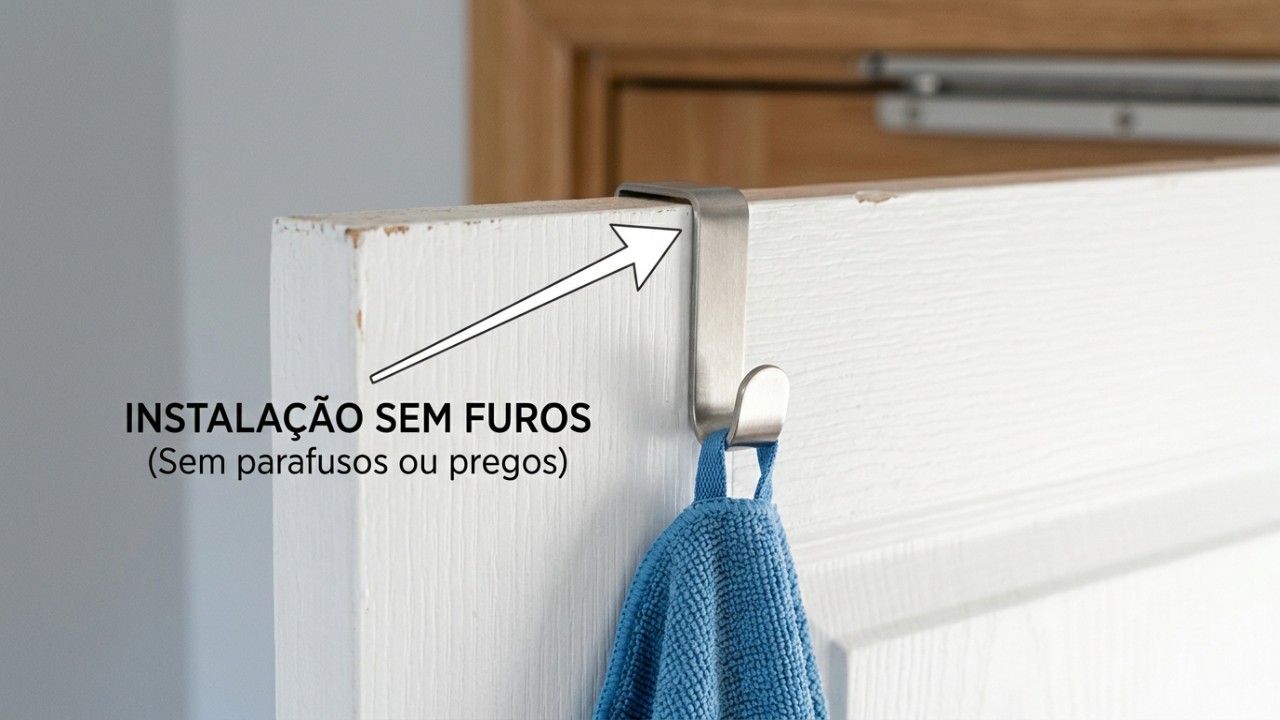 Organizadores suspensos e ganchos removíveis garantem armazenamento vertical prático sem fazer furos.