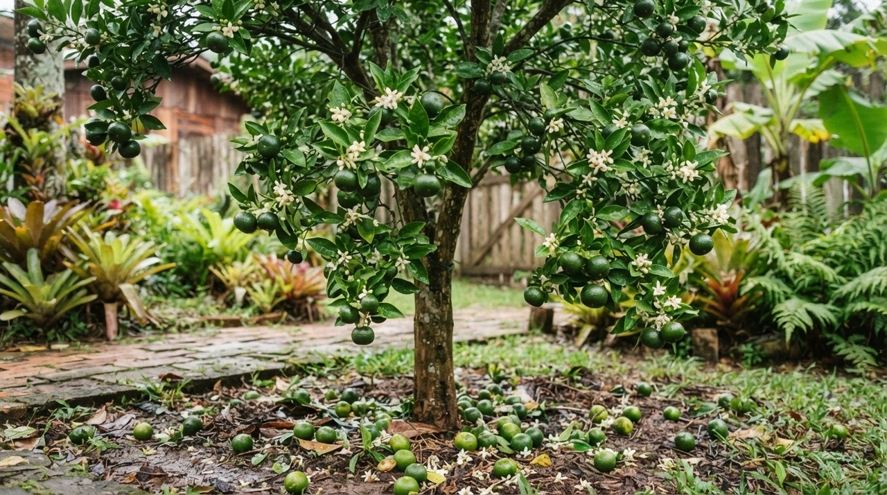 Uma árvore cítrica pode produzir mais flores e pequenos frutos do que conseguirá desenvolver até a maturidade.