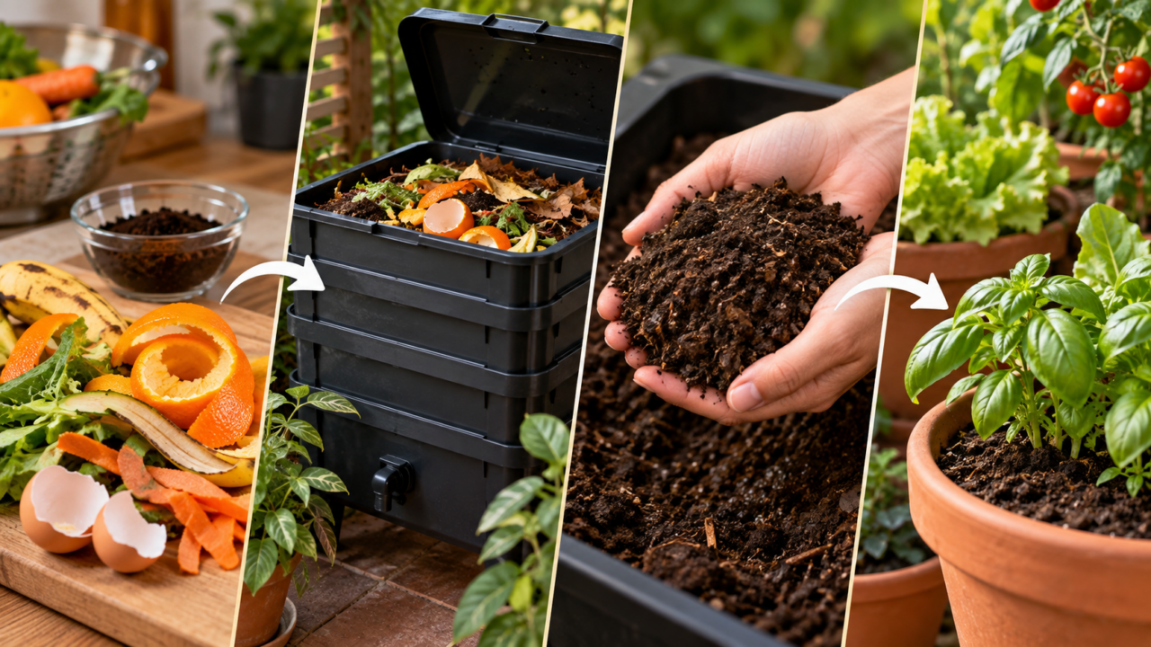 Compostagem em casa é possível até em espaços pequenos. Confira como equilibrar materiais úmidos e secos e identificar quando o composto está pronto.