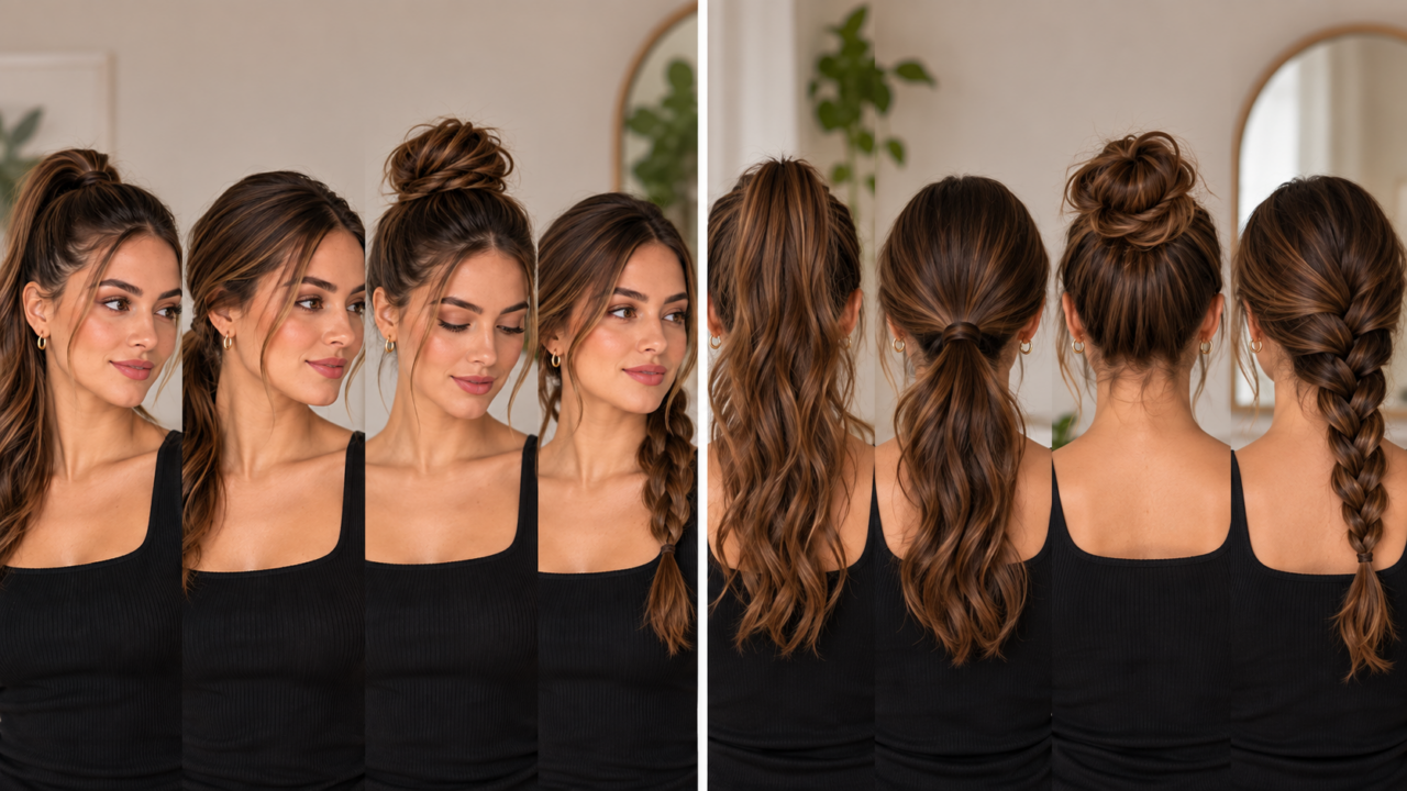 Como o penteado muda a aparência do rosto? Veja como altura, volume, direção dos fios e mechas soltas criam diferentes efeitos visuais no rosto e no pescoço.