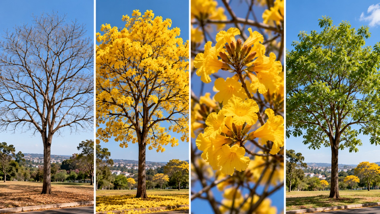 Por que o ipê fica sem folhas antes de florescer? Veja como funciona o ciclo da árvore, quando ocorre a floração e o que observar nos galhos.