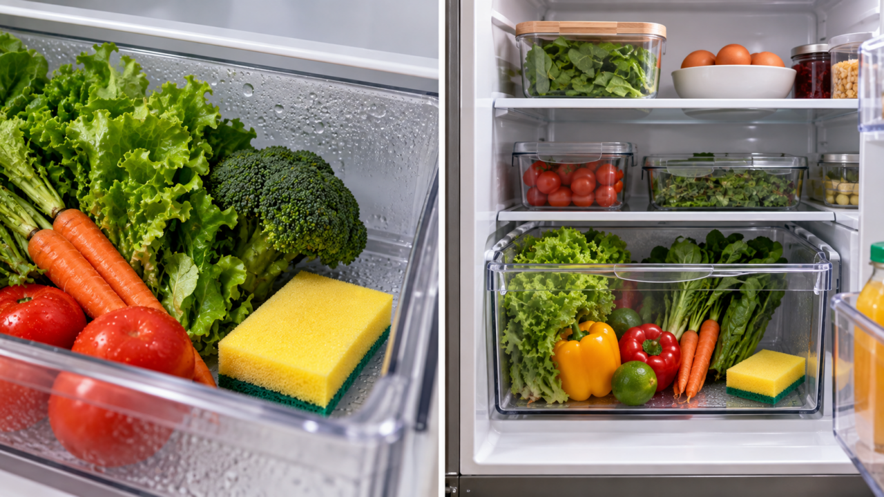 Gaveta de hortaliças com água acumulada? Veja por que algumas pessoas usam uma esponja para absorver a umidade e o que fazer para evitar problemas com os alimentos.