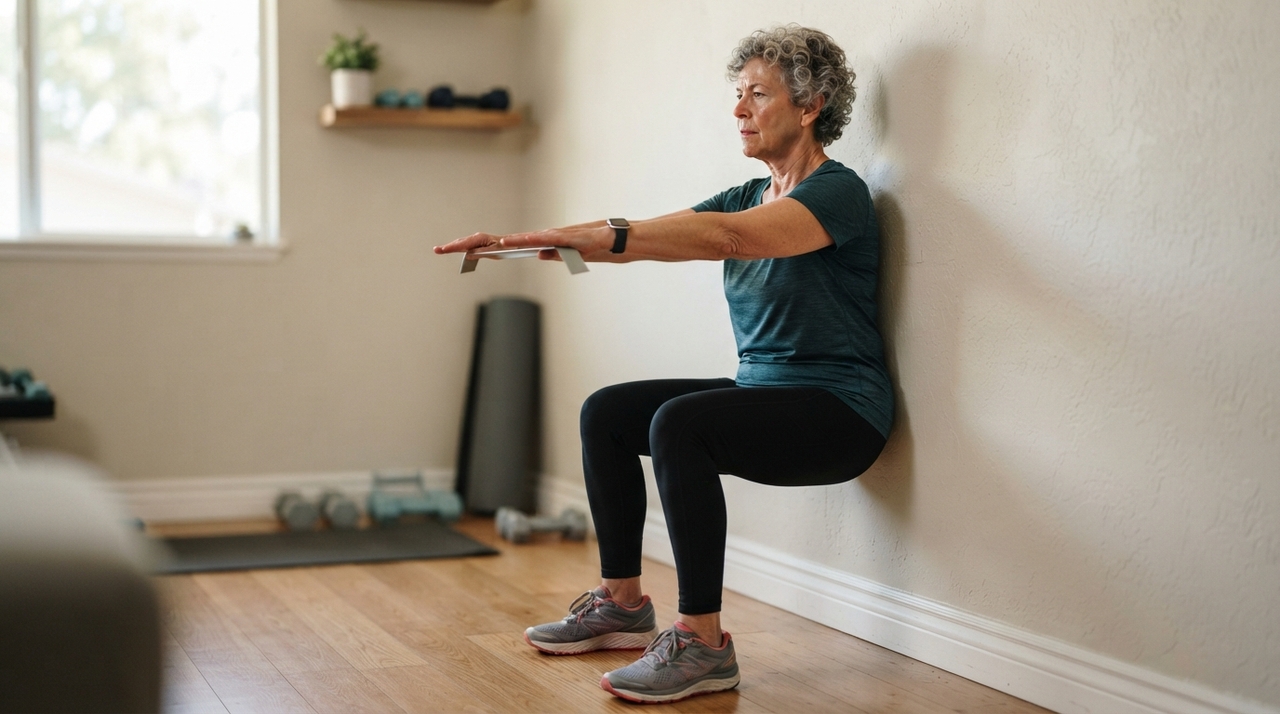O wall sit, ou agachamento isométrico na parede, começa com as costas apoiadas e os pés um pouco à frente.