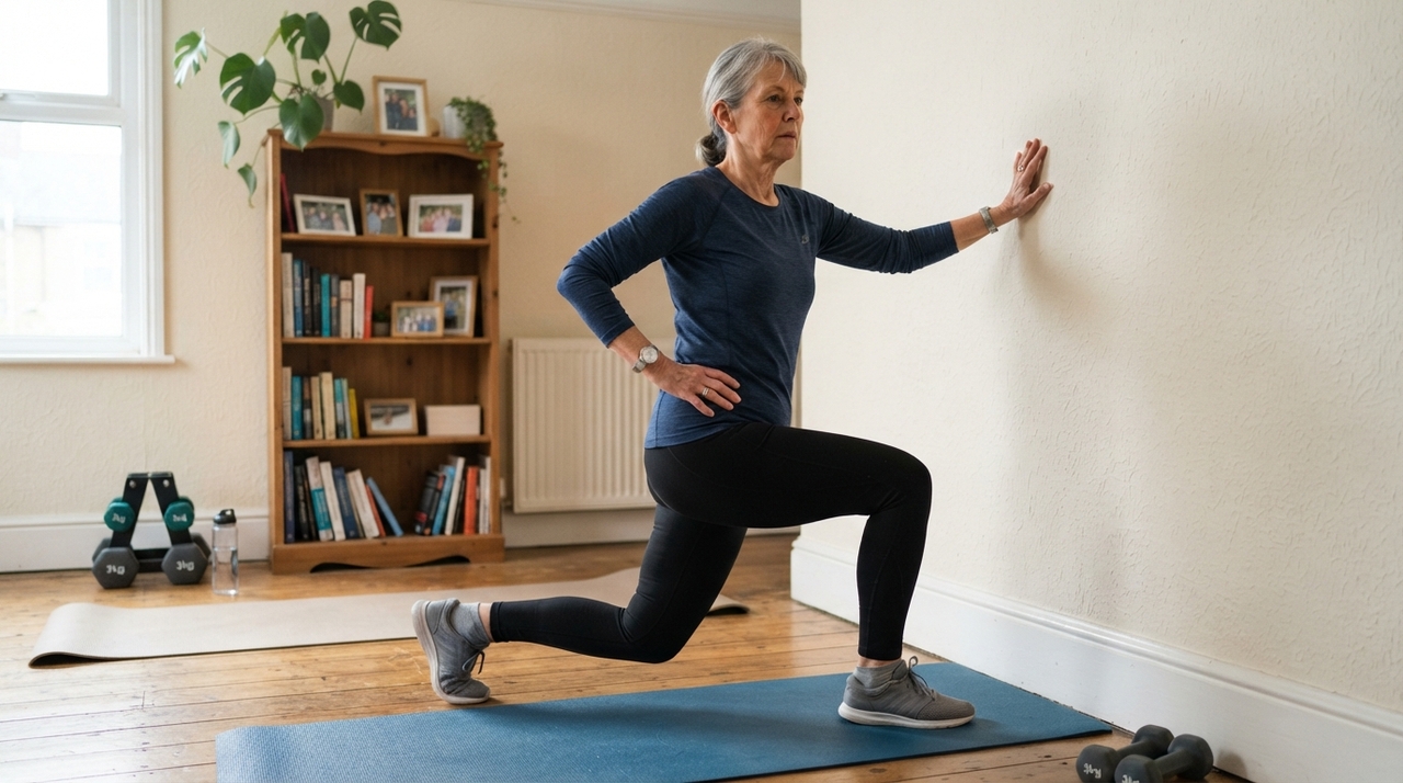 O wall sit, ou agachamento isométrico na parede, começa com as costas apoiadas e os pés um pouco à frente.