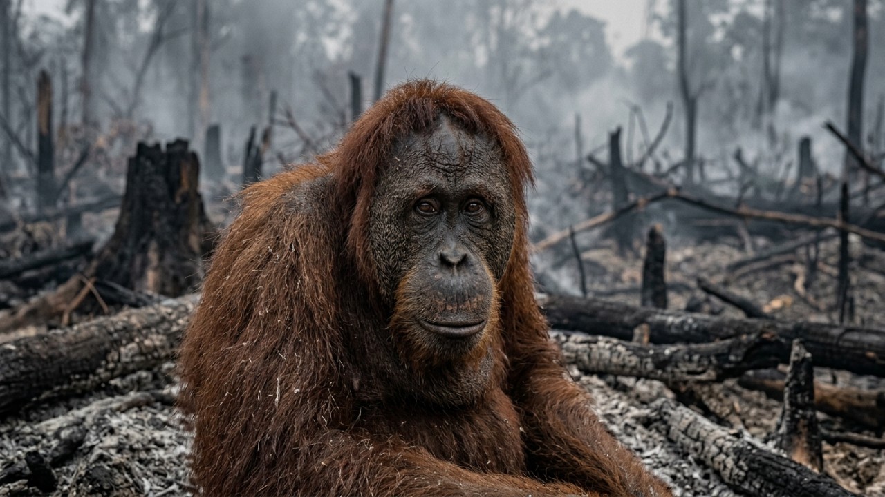 A destruição das florestas tropicais na Indonésia ameaça diretamente a sobrevivência e o habitat dos orangotangos.