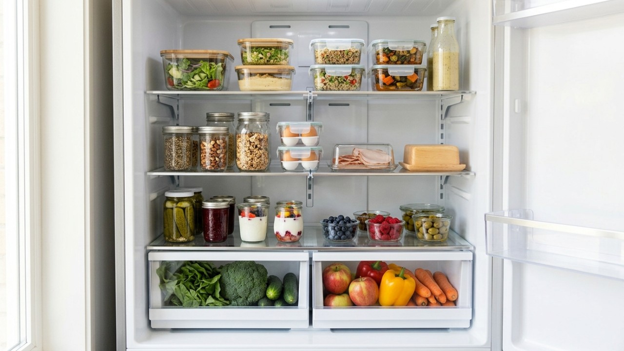 O uso de recipientes transparentes e a rotação correta dos mantimentos otimizam a rotina na cozinha.