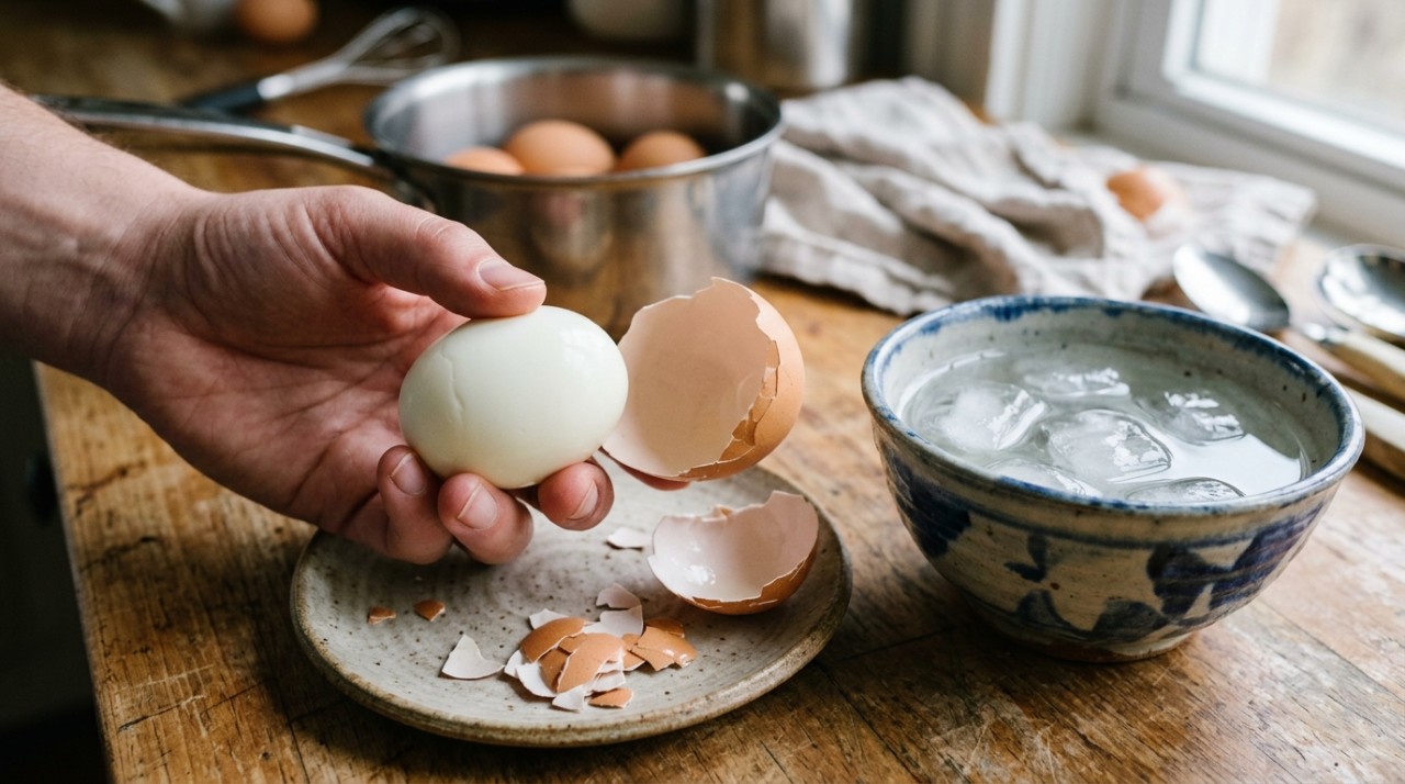 A receita recomenda colocar os ovos em uma panela, cobrir com água e acrescentar aproximadamente 1 colher de sopa de sal para cada litro.