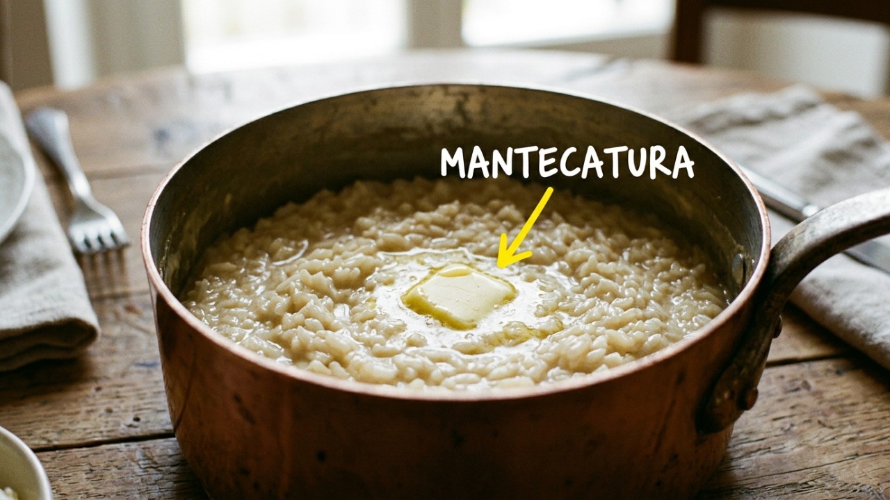 A mantecatura com manteiga gelada fora do fogo garante a cremosidade perfeita do risoto.