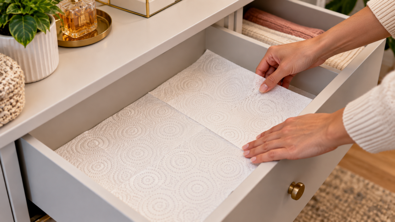 Colocar papel no fundo da gaveta pode facilitar a limpeza e absorver pequenos respingos. Veja como usar o truque e por que trocar o papel úmido é importante.