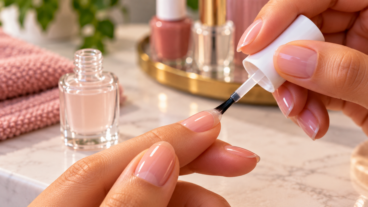 Esmalte descascando nas pontas? Saiba como aplicar base na borda livre da unha, evitar acúmulo de produto e conseguir uma secagem mais uniforme.