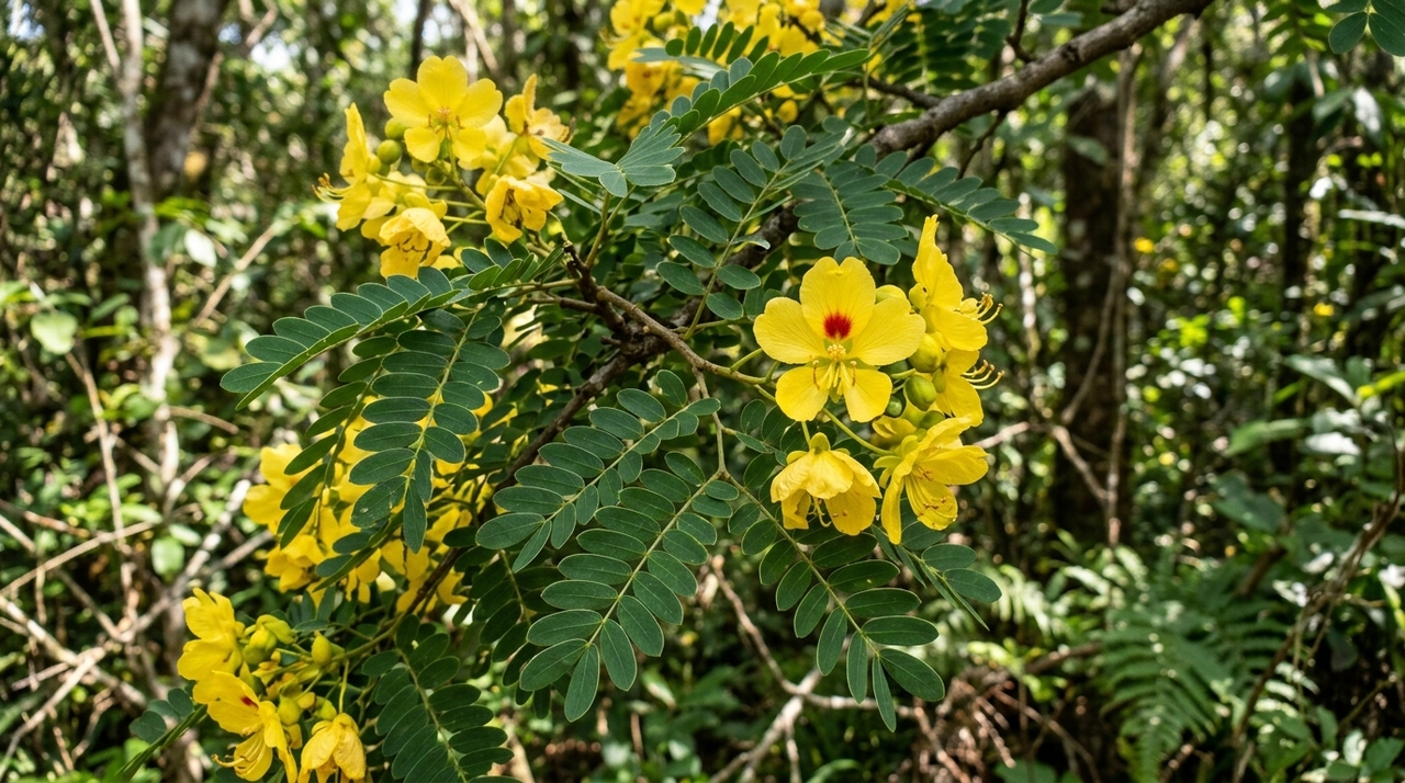 As folhas do pau-brasil são compostas e apresentam pequenos folíolos distribuídos ao longo de um eixo.