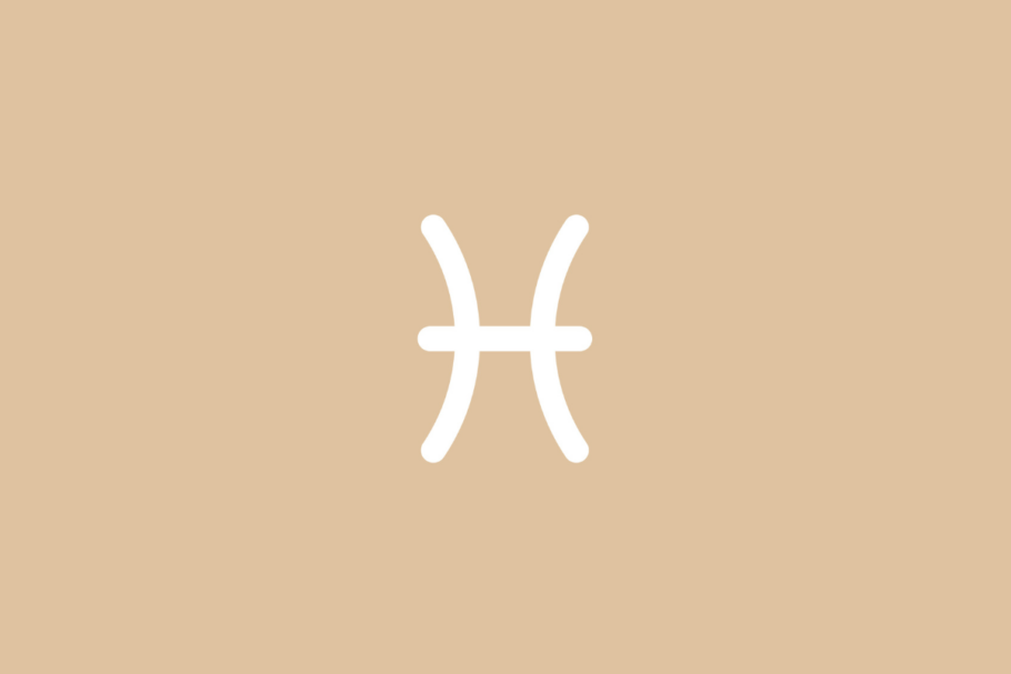 Ilustração minimalista do símbolo do signo de Peixes em linha branca contínua, formada por duas linhas verticais curvadas em sentidos opostos e unidas por um traço horizontal ao centro, centralizada sobre um fundo bege em tom pastel