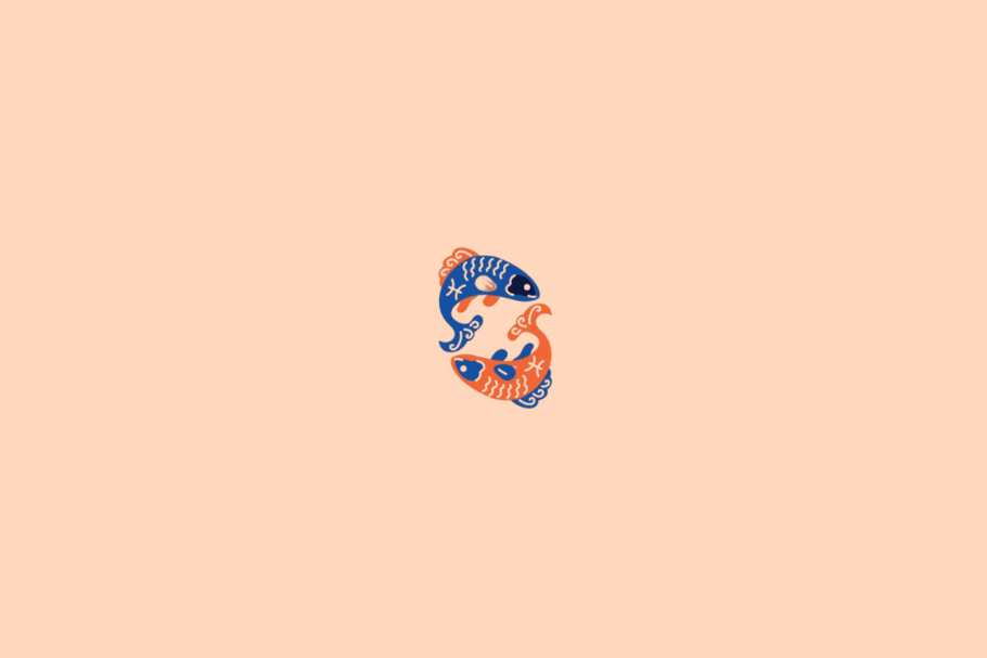 Ilustração de dois peixes estilizados, representando o signo de Peixes, em tons de azul e laranja sobre fundo pêssego.