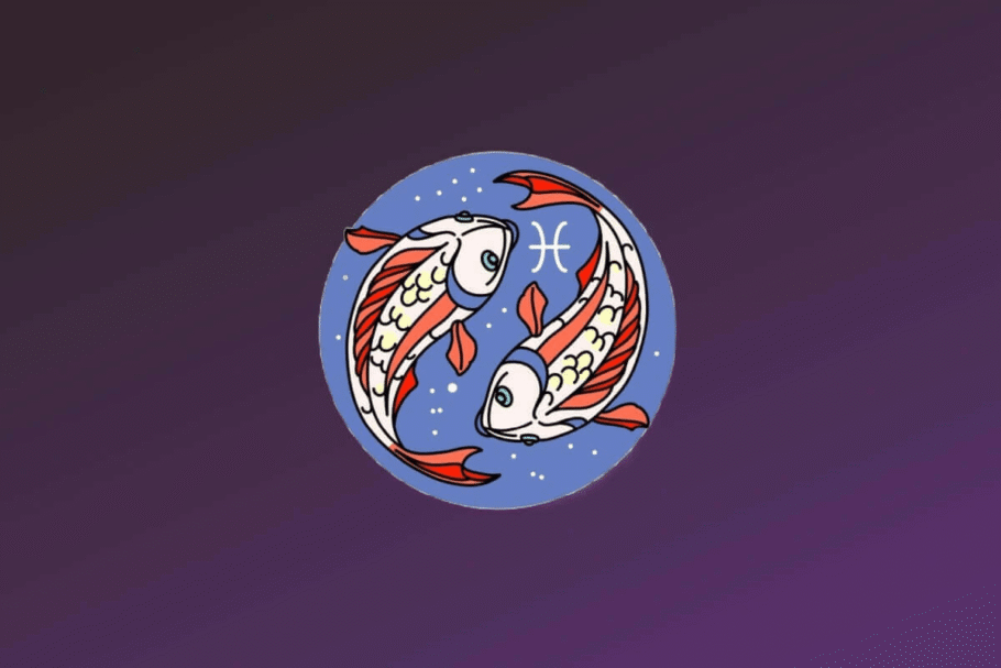 Ilustração do signo de Peixes. Dois peixes estilizados nadam em sentido oposto, formando um movimento circular. Eles possuem corpos brancos com escamas desenhadas em preto e nadadeiras em tons de laranja e vermelho. Entre os dois peixes, no centro superior, está o símbolo de Peixes em branco.