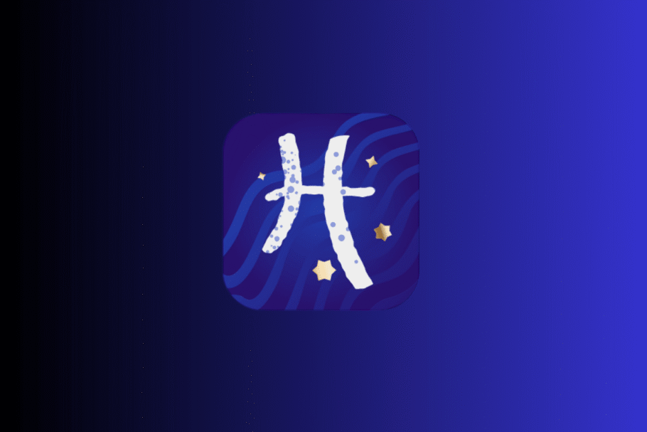 Ilustração com fundo azul e roxo exibindo um ícone central do signo de Peixes em tom branco, semelhante à letra "H", cercado por pequenas estrelas douradas.