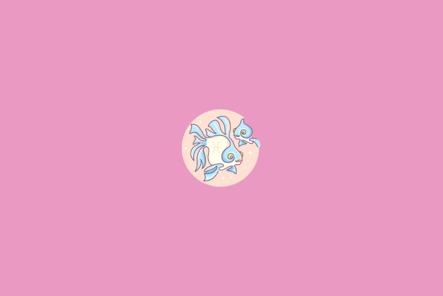 Ilustração minimalista do signo de Peixes, representado pelo símbolo de dois arcos curvos unidos por uma linha horizontal em tom creme. O desenho está dentro de um círculo em degradê de azul, sobre fundo amarelo-claro.