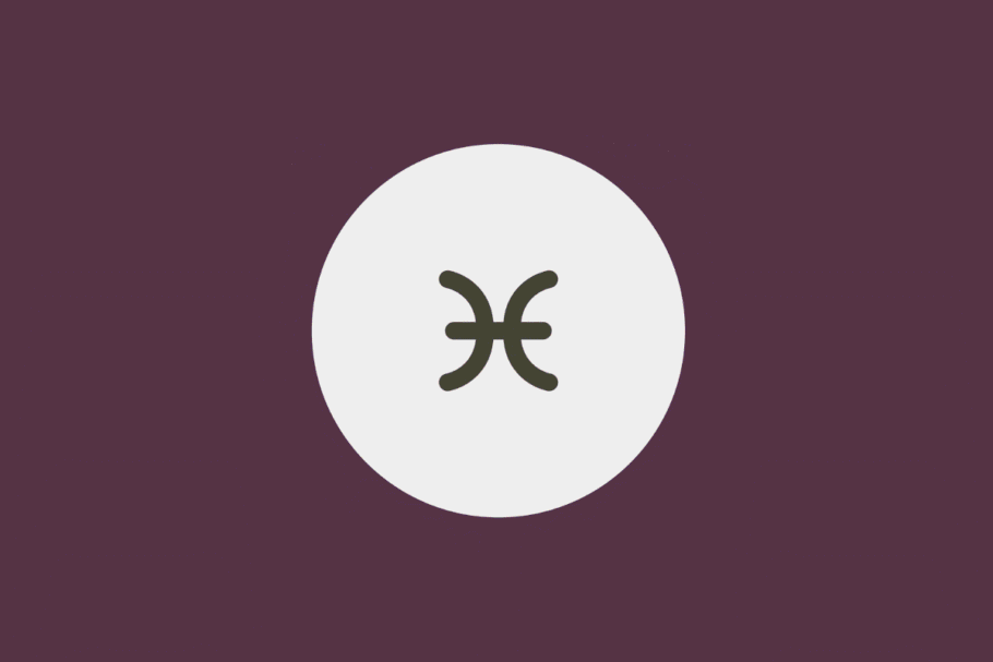 Ilustração minimalista do símbolo do signo de Peixes em tom cinza-escuro, centralizado dentro de um círculo branco sobre fundo roxo-fechado