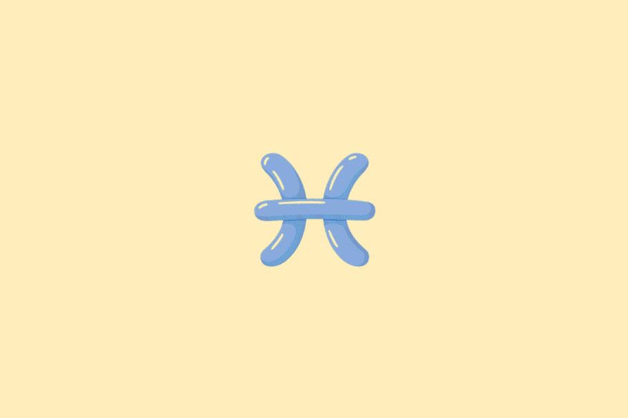 Ilustração do símbolo do signo de Peixes, formado por duas curvas voltadas para lados opostos e atravessadas por uma linha horizontal, em tom azul-claro, sobre um fundo amarelo-claro.