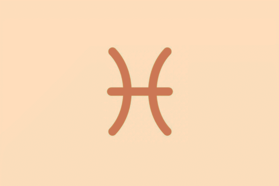 Símbolo minimalista do signo de Peixes em tom terracota sobre fundo laranja