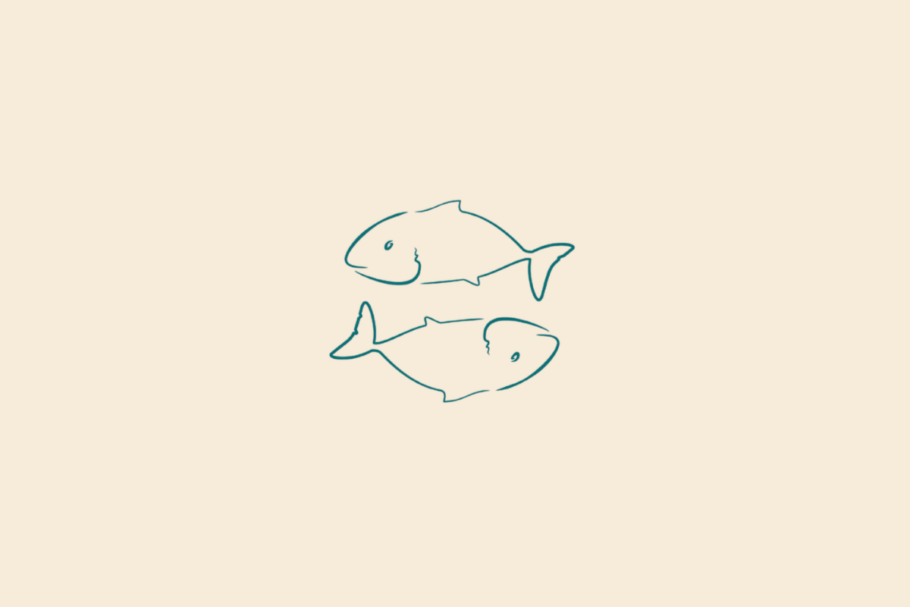 Ilustração minimalista de dois peixes posicionados em sentidos opostos, em azul-esverdeado, representando o signo de Peixes sobre fundo bege.