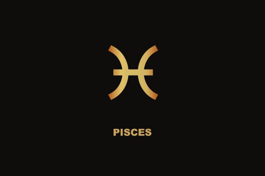 Símbolo dourado do signo de Peixes sobre fundo preto, com o nome "PISCES" escrito abaixo.