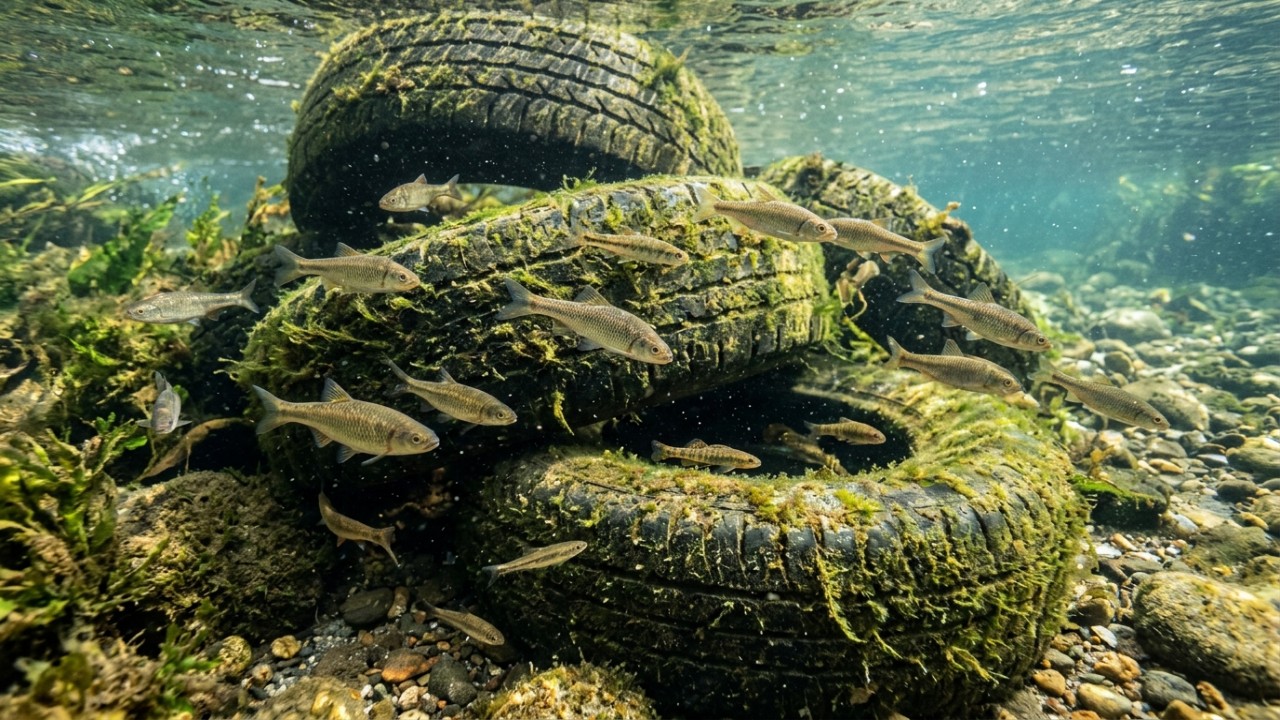 Materiais reaproveitados transformam canais artificiais em abrigos submersos para a vida aquática.