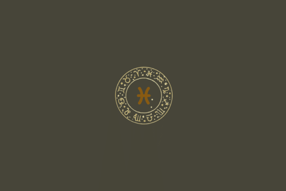 Fundo liso em cinza-escuro/oliva. No centro há um círculo zodiacal com contorno fino em dourado-claro, contendo os 12 símbolos dos signos distribuídos na borda, além de pequenos pontos ornamentais. No interior aparece o símbolo de Peixes, formado por duas curvas opostas conectadas por uma linha horizontal central, em dourado-ocre.