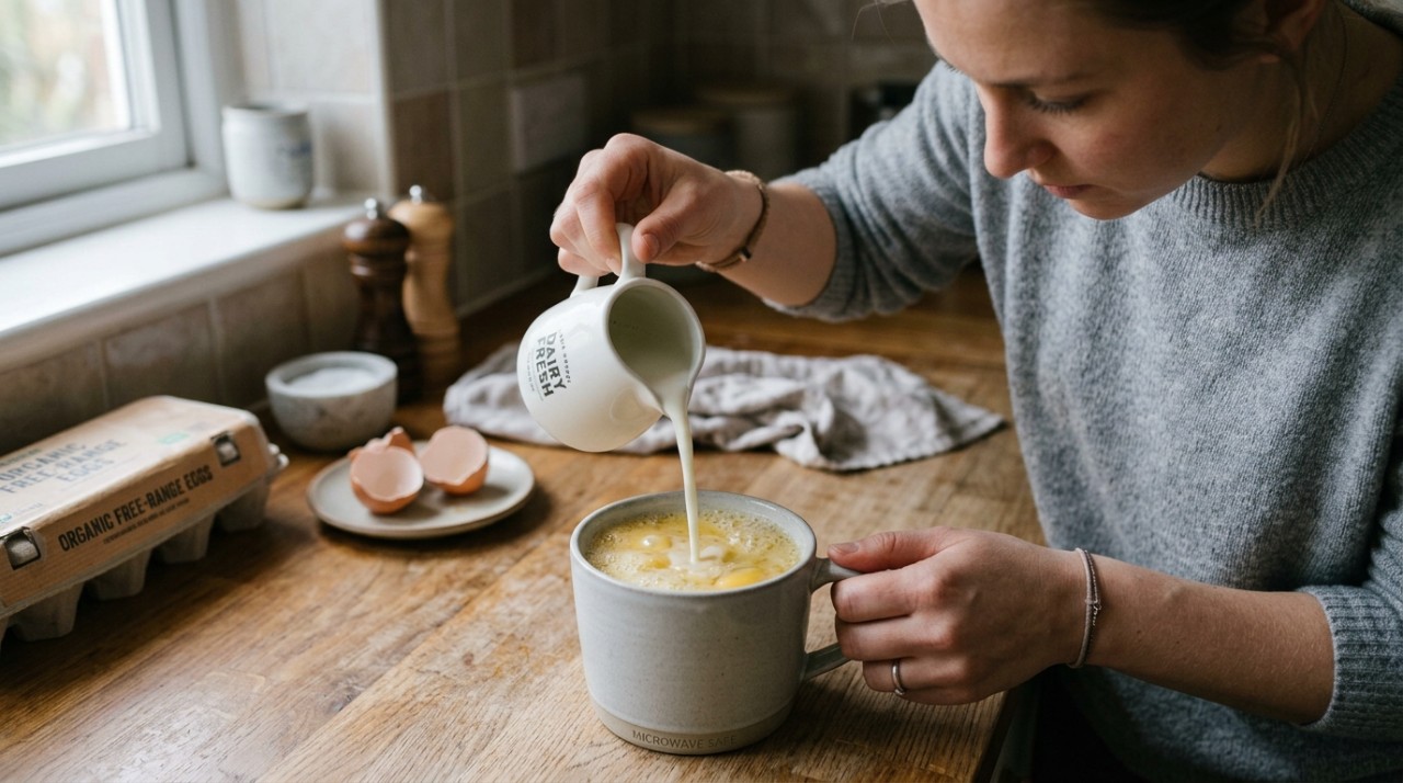 O processo começa com uma caneca ou tigela pequena própria para micro-ondas
