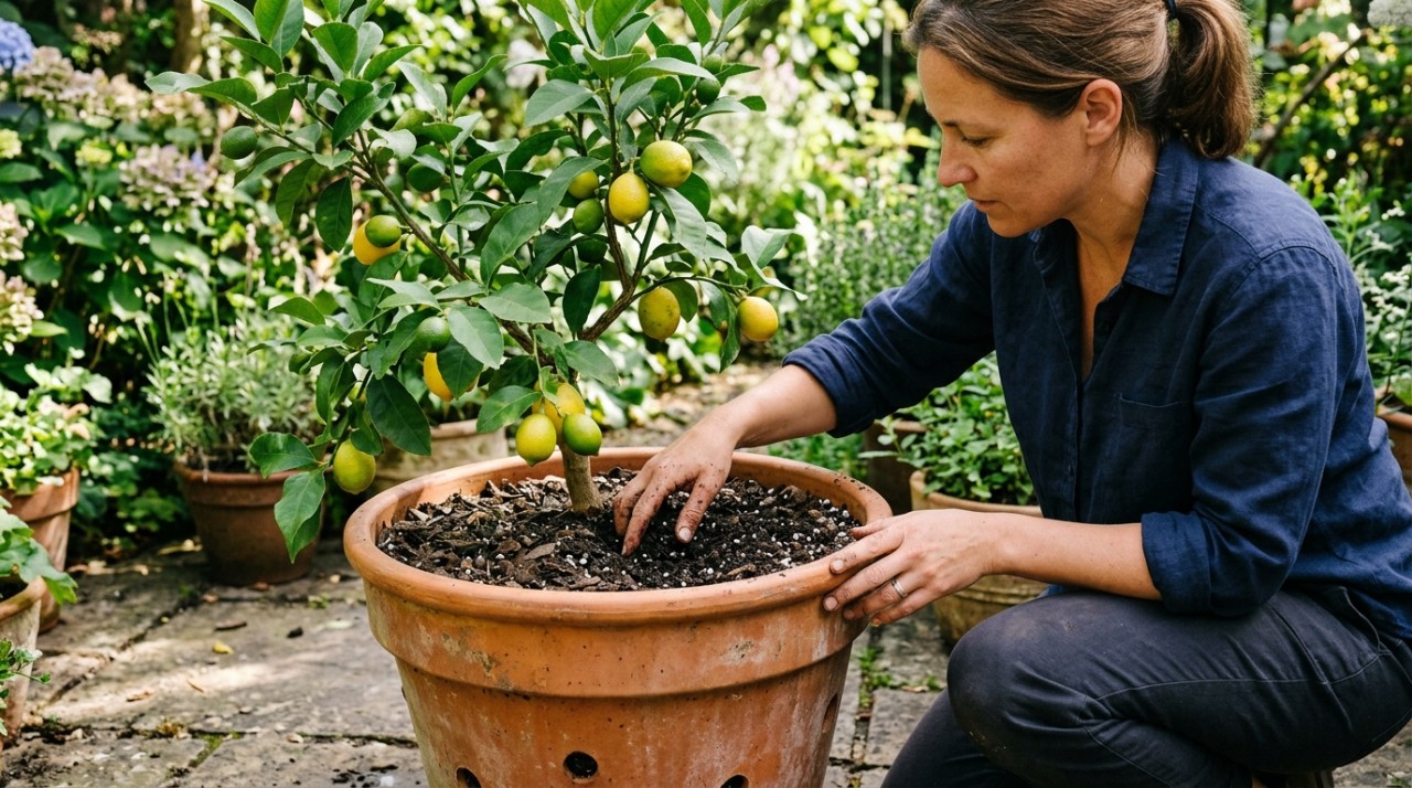 Durante a floração e o desenvolvimento dos limões, a planta precisa sustentar tecidos novos e frutos em crescimento