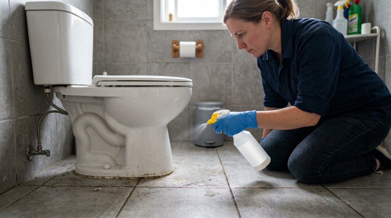 A região externa do vaso sanitário recebe respingos de água, urina, produtos de higiene e partículas trazidas pelos calçados.