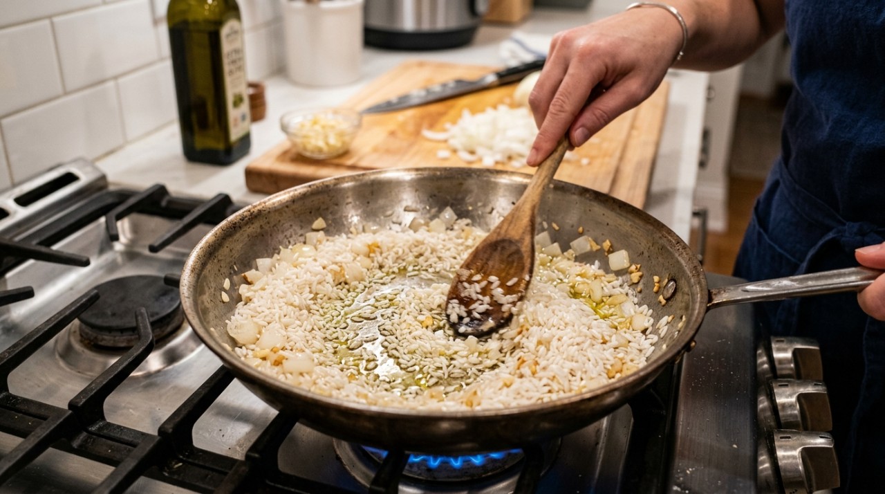 Durante esse breve refogado, uma fina camada de gordura se espalha pela superfície do arroz.