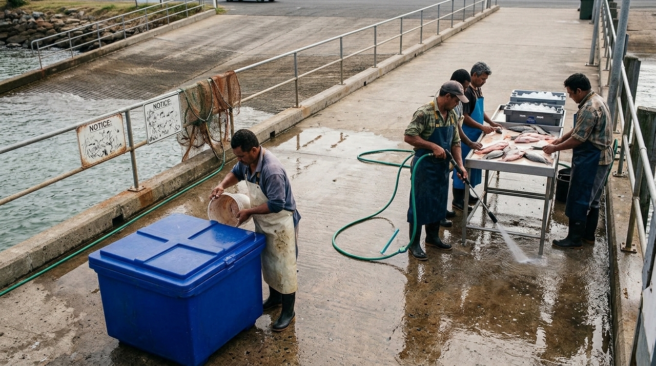 Em vez de deixar escamas e pequenos pedaços acumulados até terminar todo o trabalho, ele passou a lavar a rampa imediatamente.